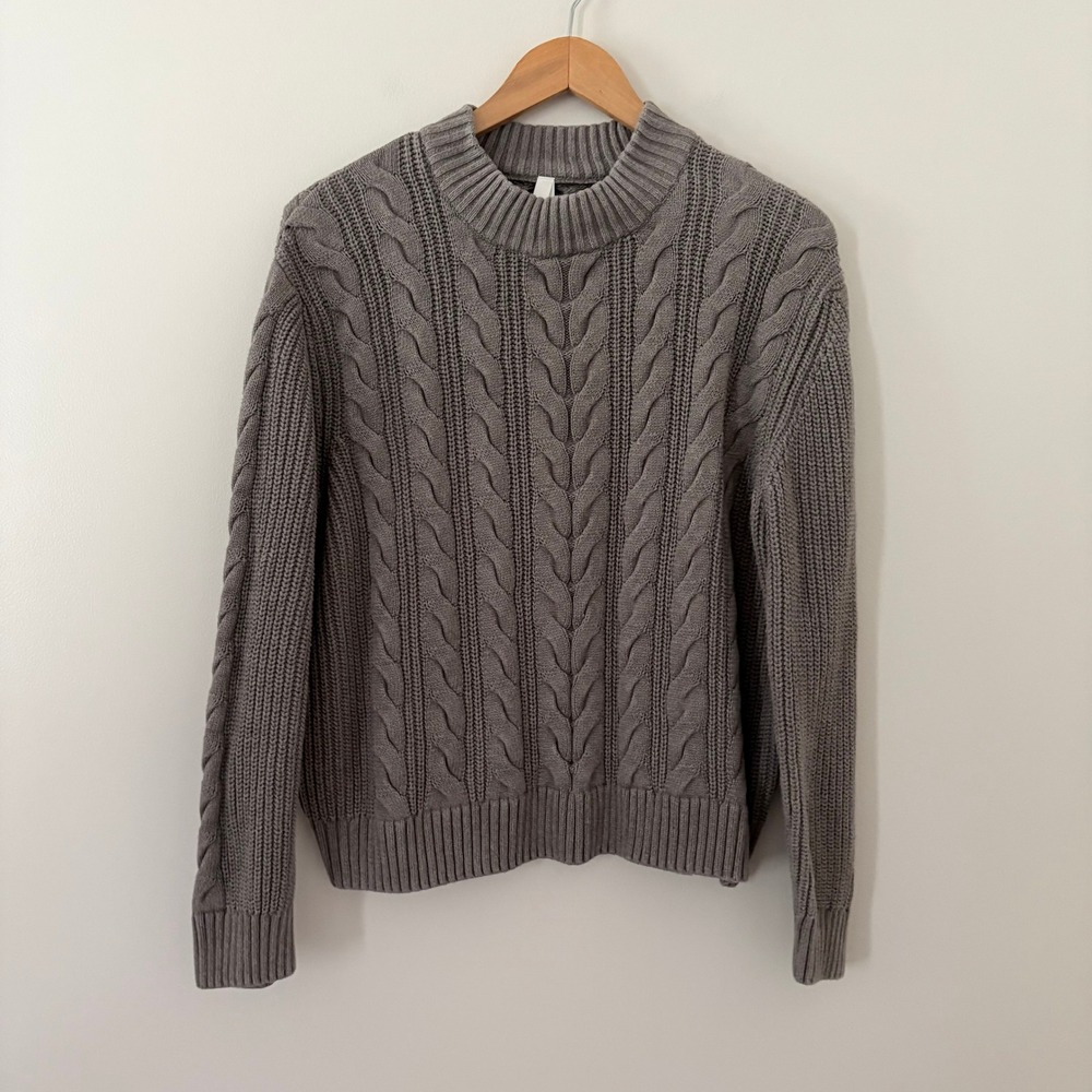 Pact Sweater Cable Knit XL Gray Taupe Organic Cotton Crew Neck Chunky Pullover